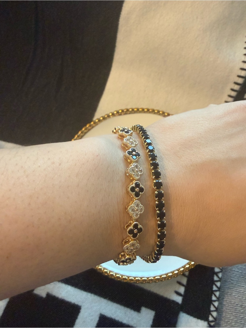 Black and Gold Clover and Tennis Bracelet Set